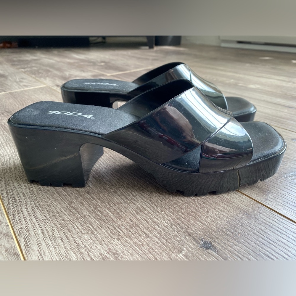 Soda black patent chunky slide on jelly sandals with platform heels